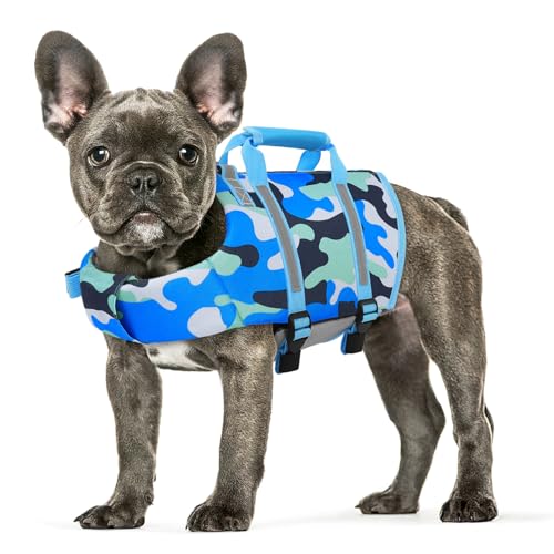 Queenmore Dog Life Jacket for Small Dogs, Dog Life Vest for Swimming, High Floation Puppy Lifepreserver for Water Safety, Adjustable Reflective Puppy Float Vests with Rescue Handle (BlueCamo, S) - color: BlueCamo, size: Small