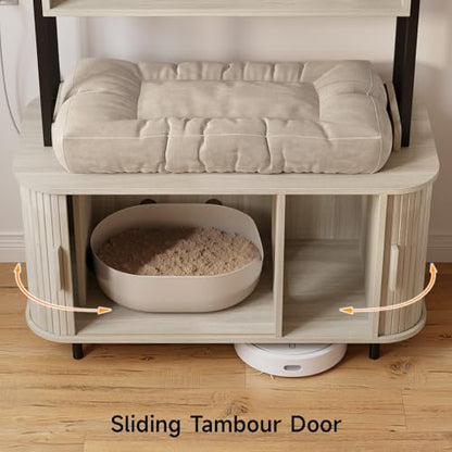 ONBRILL 54 Inch Hidden Litter Box Furniture with Shelves and Outlets,Fluted Cat Litter Box Enclosure, Mid-Century Modern Wooden Cat House with Sliding Tambour Door and Hooks, White - color: White