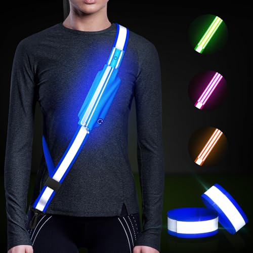 Ylzzrs LED Belt Reflective Sash for Walking at Night,High Visibility Adjustable Night Running Safety Gear,Light Up Running Belt Reflective Gear with Phone Bag/Armband for Runners Walkers Men Women - color: Blue