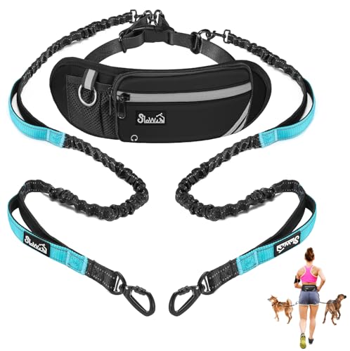 SlowTon Hands Free Dog Leash 2 Dogs - with Removable Zipper Pouch, Shock Absorbing Bungee, Dual Handle & Reflective Stitches, Wide Padded Adjustable Waist Leash for Dogs Walking Running, XL for 2 Dogs - size: X-Large for 70-135 lbs