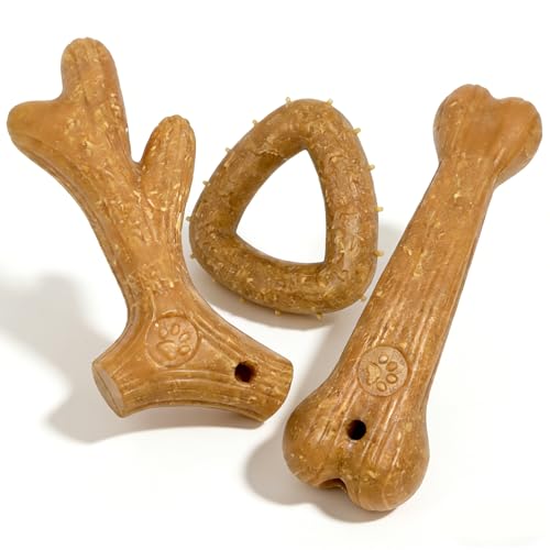 Dog Chew Toys for Aggressive Chewers, 3 Pack Nylon & Wood Puppy Teething Bone Toy Set with Chicken Flavor, Durable Tough Bones Chewing Toys for Puppies & Small Dogs - style: 3Pack-Small