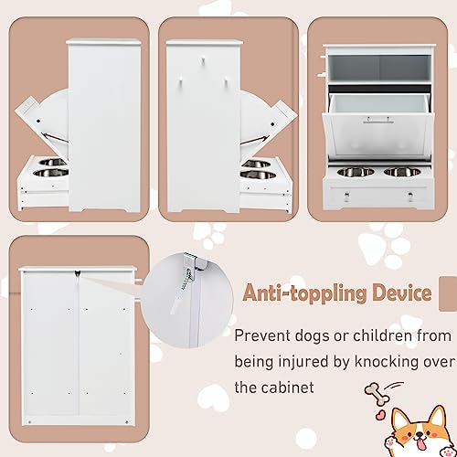 Dog Feeding Station Dogs Food Storage Cabinet Pet Feeder Container with 2 Thick 50oz Stainless Steel Raised Dog Food and Water Bowls, Pet Supply Organizer with Pet Toy Hangers, White - color: White