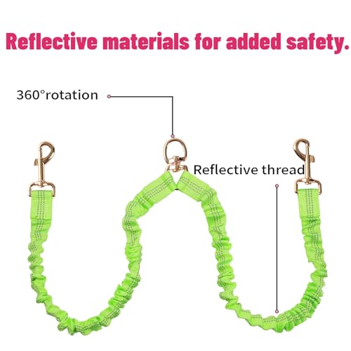 Dual Dog Leash,Double Dog 360 Swivel No Tangle Walking Leash,Comfortable Shock Absorbing Reflective Bungee for Two Dogs (Green) - color: Green
