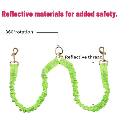 Dual Dog Leash,Double Dog 360 Swivel No Tangle Walking Leash,Comfortable Shock Absorbing Reflective Bungee for Two Dogs (Green) - color: Green