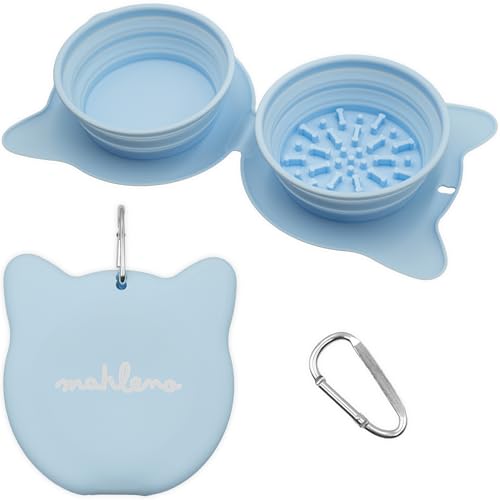 Collapsible Dog Bowls for Travel, 2-in-1 Silicone Slow Feeder with Clip, Portable Dog or Cat Pet Food & Water Bowl Set (Blue Angelite) - color: Blue Angelite