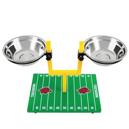 NCAA Arkansas Razorbacks Goalpost Football Field Dog Feeder – Adjustable Elevated Dog Bowls with Stand, 2 Stainless Steel Bowls, Non-Slip Rubber Feet, Raised Pet Feeder for Large & Small Dogs - color: Arkansas Razorbacks
