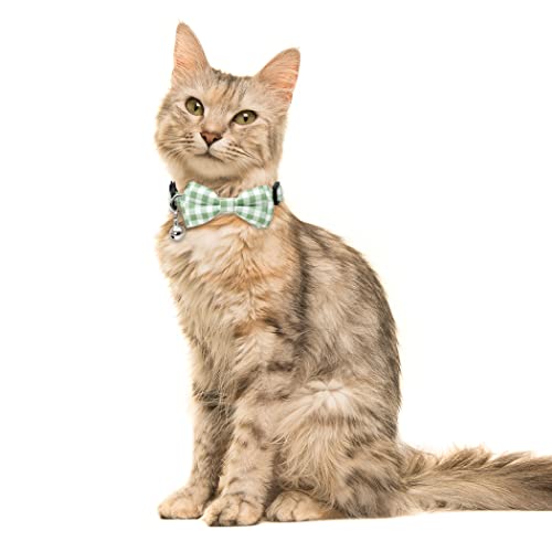 2 Pack/Set Cat Collar Breakaway with Cute Bow Tie and Bell Plaid Flower for Kitty Adjustable Safety - color: Green
