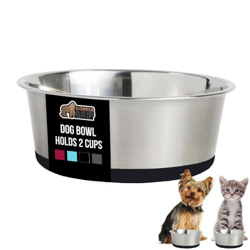 GORILLA GRIP Dog Bowl, Holds 2 Cups (16 fl oz), Food Grade 304 Stainless Steel Food and Water Bowl for Feeding Dogs and Cats, BPA Free Rubber Base, Easy Clean, Dishwasher Safe, Rust Resistant, Black - color: Black, size: 2 Cup (16 Oz)