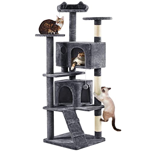 Yaheetech 70in Multi-Level Cat Tree Tall Cat Tower Cat Furniture with Condo, Scratching Posts & Dangling Ball for Indoor Cats Activity Center, Dark Gray - color: Dark Gray, size: 70in