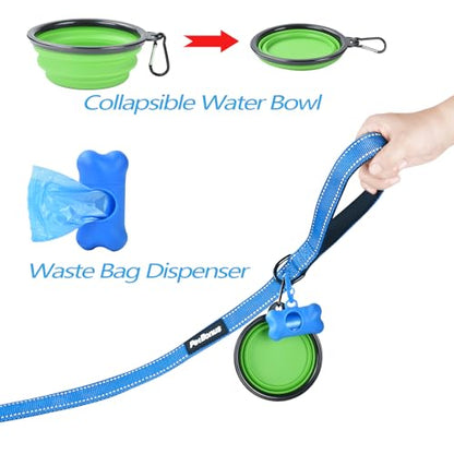 Double Dog Leash, No Tangle Dual Leash, Reflective Walking Training Lead, 4 Comfortable Padded Handles for 2 Dogs with Collapsible Bowl and Waste Bags (Light Blue, Large) - color: Light Blue