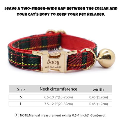 Personalized Plaid Cat Collar with Bell - Non-Breakaway Custom Polyester Kitten Collar with Engraved Name & Phone Number (Pattern 11, L (7.5-12.5 Inches)) - color: Pattern 11, size: L (7.5-12.5 Inches)