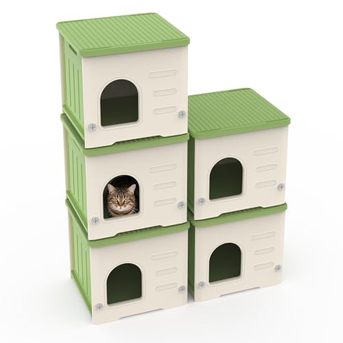 Stackable Cat House for Outdoor Indoor Use, Feral Cat Shelter Weatherproof Waterproof Elevated (Medium) - color: Green-M