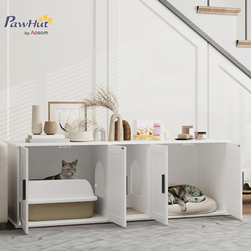 PawHut Cat Litter Box Enclosure for 2 Cats, Hidden Litter Box Furniture with Double Room, Scratching Mat, Kitty Washroom Furniture, 57" x 19" x 20", White