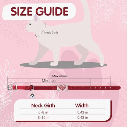 BINGPET Diamond Cat Collar,Adjustable Soft Velvet Leather Safe Kitten Collar with Crystal Heart Charm and Bells,Girl Boy Bling Stylish Cat Collars with Safety Elastic (Red, Neck Girth 8"-10" - color: Red(Heart), size: Neck Girth 8"-10"
