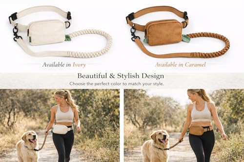 Hands Free Dog Leash with Dog Treat Pouch - Stylish & Trendy Waist Leash for Dog Walking - Wear Around the Waist or Crossbody - Durable & Detachable - Shock Absorbing - Waste Bag Dispenser - color: Caramel