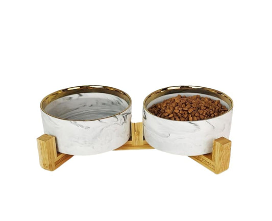Ceramic Pet Bowl (Marble Design) Set of 2 with Stand, 2 Cups and 4 Cups Capacity (Marble Grey, Gold Rim 950 ML (4 Cups) Medium) - color: 3. M-Marble grey gold, Medium, 4 Cups per bowl