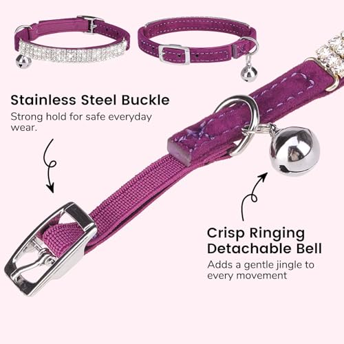 BINGPET Diamond Cat Collar with Bell, Adjustable Soft Velvet Bling Rhinestone Cat Collar, Sparkly Kitten Collar with Safety Elastic & Metal Buckle for Small Medium Cats - color: Purple(Rhinestones), size: Neck Girth 8"-10"