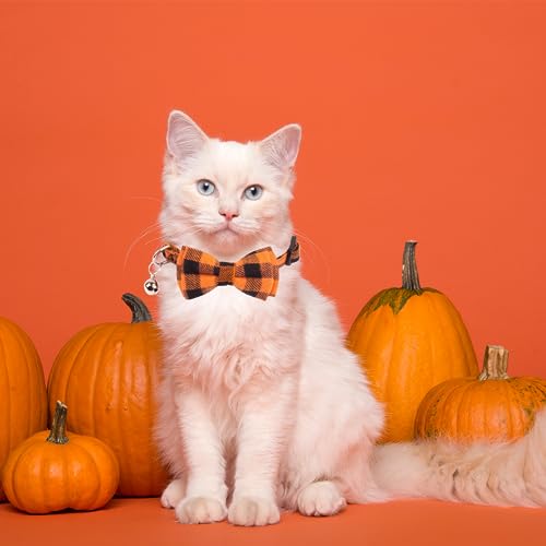 ADOGGYGO Halloween Cat Collars Breakaway with Removable Bowtie Bell, 2 Pack Orange Purple Plaid Halloween Bow Collar for Cats Kittens - color: Orange&Purple-1