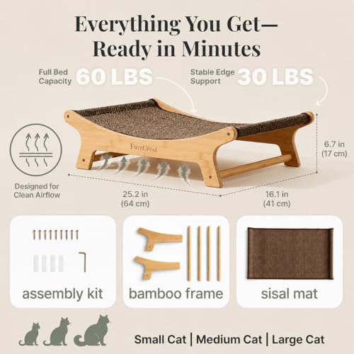 XL Sisal Cat Scratcher Bed with Elevated Hammock for Indoor Cats, Replaceable Natural Sisal Pad, Large Cat Lounge, Anti-Slip No-Wobble Bamboo Frame, Dark Brown Chevron - color: Dark Brown Chevron