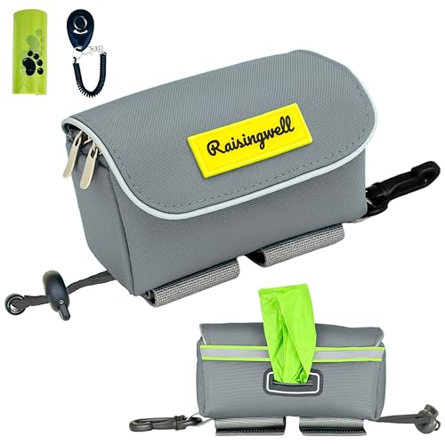 Dog Poop Bag Holder for Leash, 2 Waterproof Zipper Pouches, Dog Treat Pouch for Pet Walking Accessories, with Dispenser, Training Clicker and 1 Free Roll (Gray) - color: Gray
