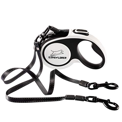 EXPAWLORER Dual Retractable Dog Leash - Double-Head Lockable Extendable Pet Leash - 16FT Reflective Nylon Ribbon - 360 Tangle-Free for Two Dogs Walking Training