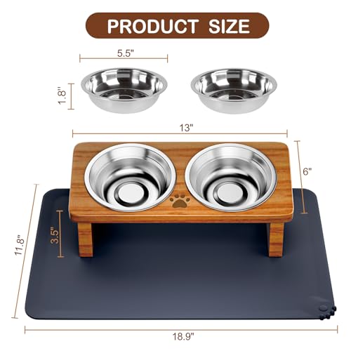 Elevated Cat Bowls with Silicone Mat, 15° Tilted Solid Wood Stand, Raised Stainless Steel Food & Water Dishes for Cats and Small Dogs, Anti-Vomiting Design(Teak) - color: Teak