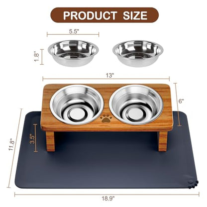 Elevated Cat Bowls with Silicone Mat, 15° Tilted Solid Wood Stand, Raised Stainless Steel Food & Water Dishes for Cats and Small Dogs, Anti-Vomiting Design(Teak) - color: Teak