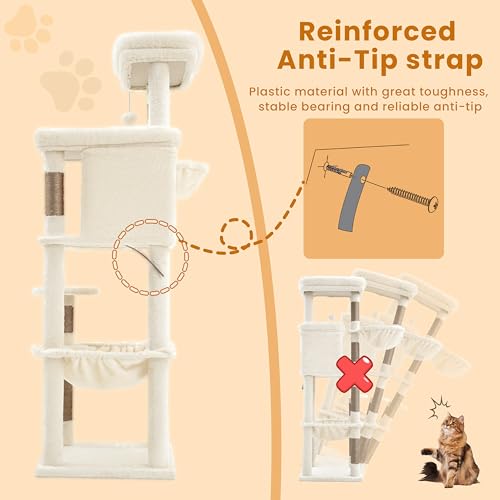 Heybly Cat Tree, 56-Inch Multi-Level Easy Climb Tower for Large Cats, Cat Furniture with 2 Perches, Cozy Hammock, Spacious Condo & Cat Basket, Durable Sisal Scratching Posts, Beige HCT028MJ - color: Beige