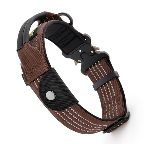 Plutus Pet Tactical Dog Collar with Tracker Pocket for AirTag, Adjustable Reflective Nylon Collar, Metal Buckle, Leather-Wrapped Handle, Soft Padded for Medium Large Dogs (Chocolate, S) - color: Chocolate, size: S