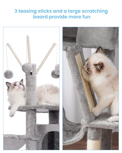 Hey-brother Cat Tree, 53 inch Cat Tower for Indoor Cats, Cat House with Padded Platform Bed, Toy Balls, Large Cozy Condo, Hammocks and Sisal Scratching Posts, Light Gray MPJ019-SW - color: Light Gray
