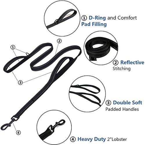 Heavy Duty No Pull Dog Leash for Large Medium Dogs, Dual Two Padded Handle Shock Absorbing Reflective Pet Leash, Adjustable Training Lead for Walking - Black