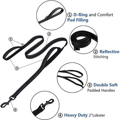 Heavy Duty No Pull Dog Leash for Large Medium Dogs, Dual Two Padded Handle Shock Absorbing Reflective Pet Leash, Adjustable Training Lead for Walking - Black