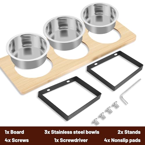 Elevated Cat Bowl, Raised Cat Food Bowls with 10° Tilted Stands, 3 Stainless Steel Bowls for Wet, Dry & Water, Hold by Bamboo Board, Anti Vomiting Cat Feeding Bowls with 4 Non-Slip Pads