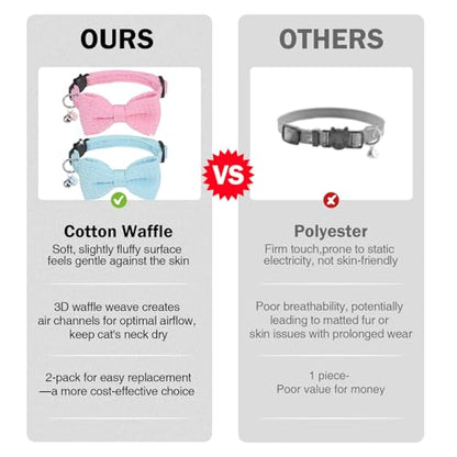Cat Collar Breakaway with Bells, Soft Cotton Pink Cat Bowtie Collar for Girl Cats, Small Cats Collar with Bow for Spring Summer, 2 Pack Cute Kitten Collars with Removable Bowtie 8-12Inch - color: Light Pink + Sky Blue
