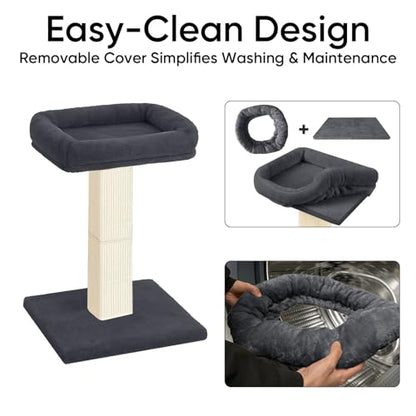 Cat Scratching Post, 32”Cat Scratcher with Large Plush Perch, Sisal & Carpet Scratching Post, Vertical Posts with Elevated Bed for Indoor Cats, Removable& Washable Cover, Dark Grey - color: Dark Grey with Bed