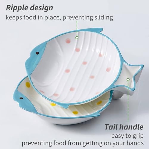 Ceramic Cat Food Bowl Set, Shallow Wide Flat, Whisker Friendly, Nonslip, Cute Fish Cat Bowl for Dry and Wet Food, for Indoor Cats, Pink/Yellow, 2 Pack