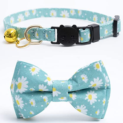 Faygarsle 2 Pack Cotton Designer Breakaway Cats Collar with Bow Tie and Bell Cat Collars for Girl Female Cat Collar with Bell Collars for Cats Flower Pattern - color: Flower