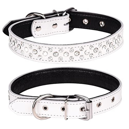 Rhinestones Dog Collar, Adjustable Sparkly Crystal Studded Genuine Leather Pet Dog Collar for Small and Medium Dogs (S, White) - color: White, size: S