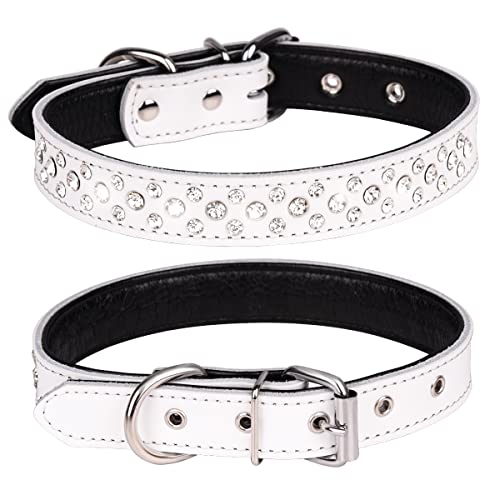 Rhinestones Dog Collar, Adjustable Sparkly Crystal Studded Genuine Leather Pet Dog Collar for Small and Medium Dogs (S, White) - color: White, size: S