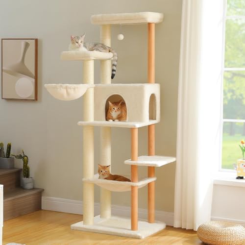 PAWZ Road Large Cat Tree, 73 Inches Tall Wooden Cat Tower with 2 Spacious Hammocks,2 Big Top Beds,8 Fully Scratching Posts and Natural Wood Posts, Multi Cat Tree for Indoor Cats Large Adult-XL - color: Wooden Beige, size: 73"