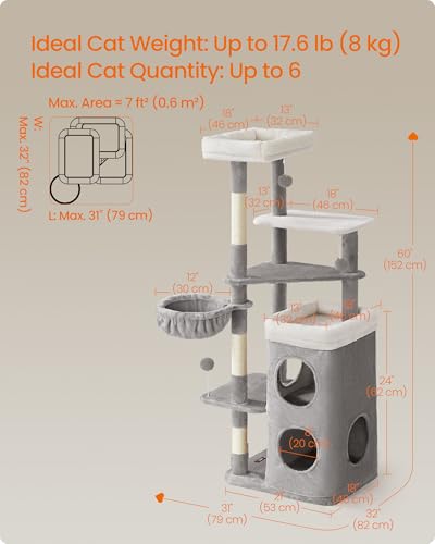 Feandrea Cat Tree, 60-Inch Cat Tower, Multiple-Level Plush Condo with 2 Caves, 3 Scratching Posts, 3 Perches, Dove Gray UPCT007G01 - color: Dove Gray