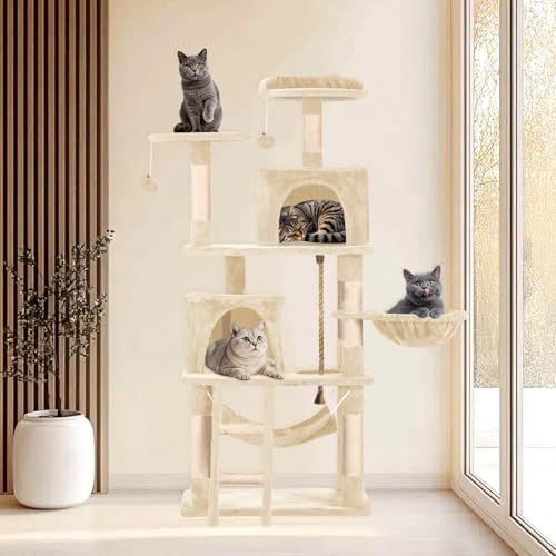 Cat Tree 60.63 inches Cat Tower for Indoor Cats, Multi-Level Cat Condo Furniture with Scratching Posts, Plush Perches, Activity Center with Cozy Basket & Hammock for Cats(Beige) - color: Beige