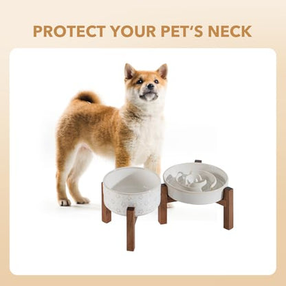Havniva 1.2 Cup Elevated Slow Feeder Dog Bowls, 7.3” Dog Slow Feeding Bowls + 6.1” Ceramic Dog Water Bowls Set with Acacia Wood Stand, Dog Food Bowls Puzzle Feeder for Small Dogs Non-Slip Anti-choking - color: 2 x White + Stand - A, size: M- 7.3inch / 1.2