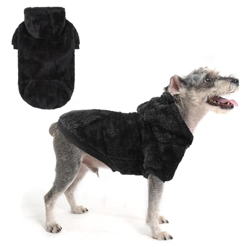 SCENEREAL Fleece Dog Sweaters Hoodie for Small Medium Large Dogs Girls Boys, Plush Fuzzy Dog Clothes Hoodies with Leash Hole, Winter/Fall Puppy Cold Weather Coat, Sherpa Hooded Sweatshirt, Black S - color: Black, size: Small