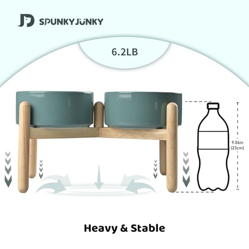 SPUNKYJUNKY Ceramics Elevated Dog Feeding Stand with Wooden Base - Double 60oz Bowls for Medium Large Dogs (Dark Green) - color: Dark Green (Double Bowls Set), size: Large - 7.6 CUPS