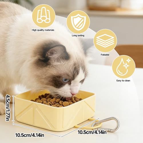 Collapsible Pet Bowls for Dogs and Cats, Portable Travel Silicone Foldable Dog Water Food Bowl with Carabiner 10.5x10.5x4.5cm - color: yellow