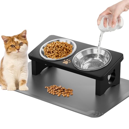 Elevated Cat Bowls with Silicone Mat, 15° Tilted Solid Wood Stand, Raised Stainless Steel Food & Water Dishes for Cats and Small Dogs, Anti-Vomiting Design(Black) - color: Black