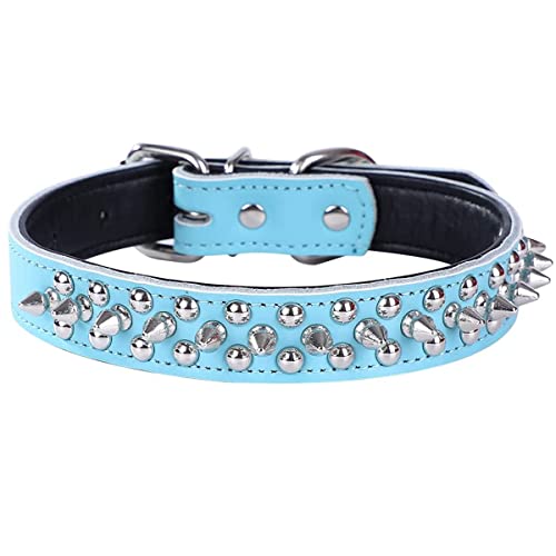 Spiked Studded Dog Collar, Soft Genuine Leather Dog Collar, Adjustable Dog Collars for Small Medium Large Dogs Breeds Pit Bull (S fit Neck 10.5-13", Light Blue2) - color: Light Blue2, size: S fit Neck 10.5-13"