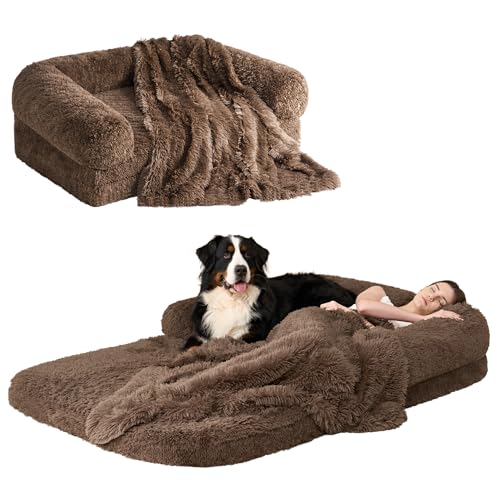 EHEYCIGA Foldable Human Dog Bed, 72"x44"x11" Orthopedic Memory Foam Human Sized Dog Bed, Waterproof Pet Bed for People, Faux Fur Pet Couch for Adult with Non-Slip Bottom, Brown - color: Brown, size: 72x44x11(Folded 44x36)