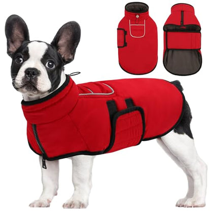 AOFITEE Dog Winter Coat, Waterproof Dog Jacket, Dog Coat with Harness Hole, Warm Fleece Dog Puffer Jacket, Reflective Windproof Dog Snowsuit for Small Medium Large Dogs, Dachshund, French Bulldog, M - color: Red, size: Medium